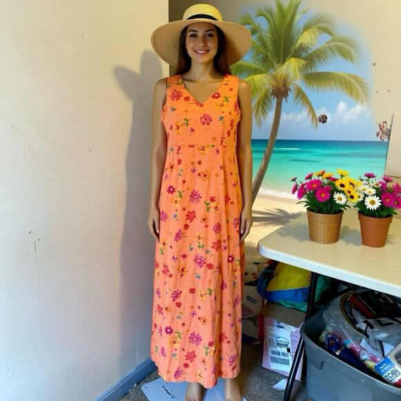 fresh produce Dresses & Skirts - VTG FreshProduce Dress S Orange Multi Floral Sleeveless Tank Beach Summer Casual